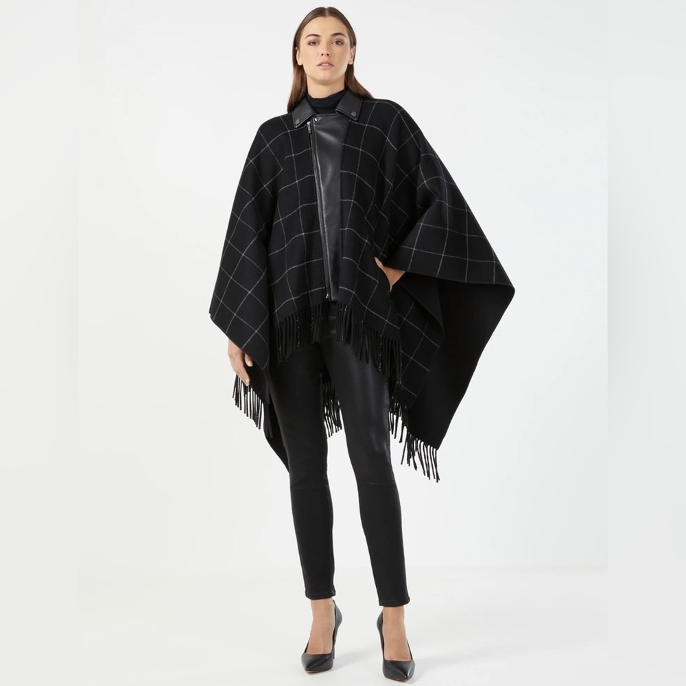 Brand NWT! BCBGMAXAZRIA Faux Leather Trim Fringed Cape/Poncho size XS/S